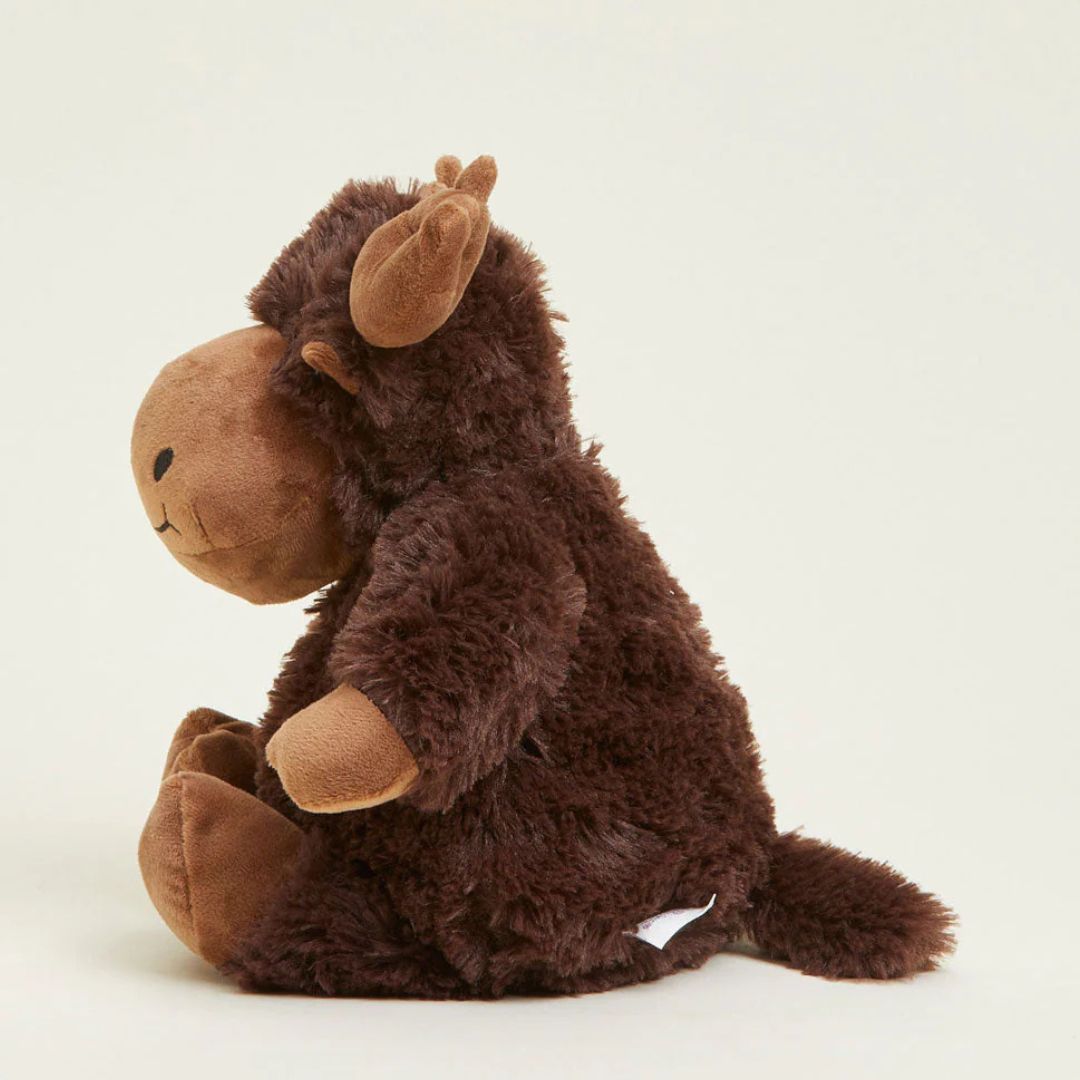 Brown plush moose toy on a white background