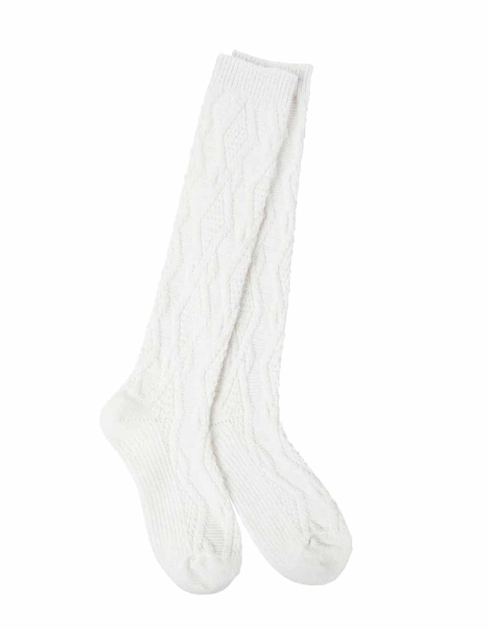 a pair of knee socks, white, with texture similar to a cable knit sweater