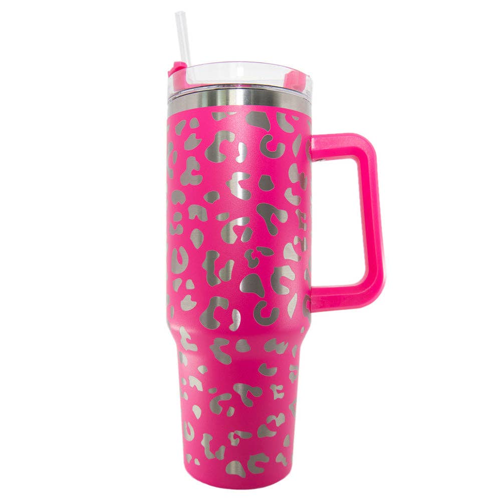 Hot Pink METALLIC Leopard Tumbler Cup with Handle