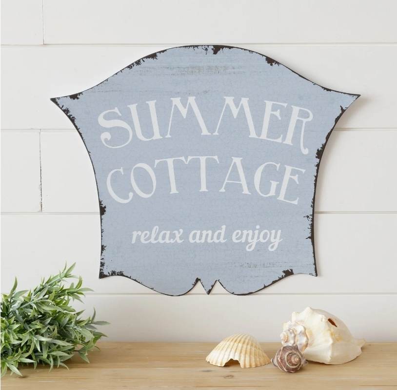 Distressed Blue Summer Cottage Metal Sign