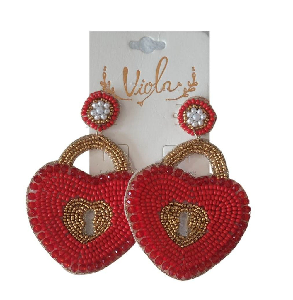 Beaded Heart Lock Earrings