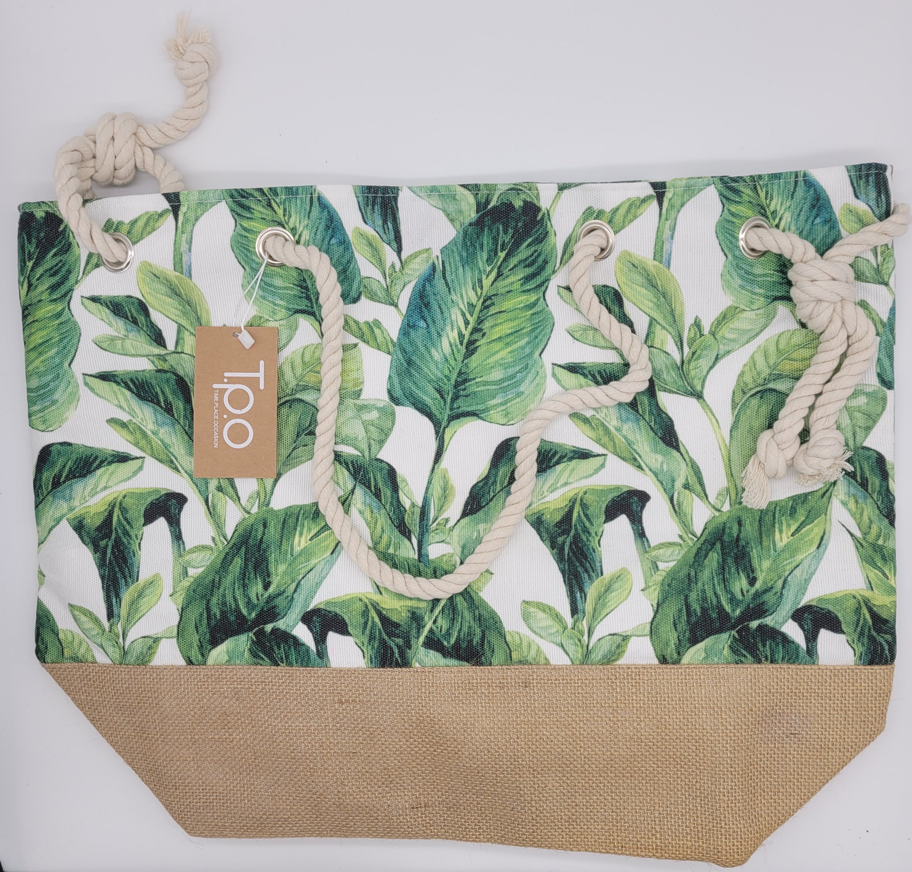 TROPICAL LEAF TOTE BAG WITH BURLAP BOTTOM