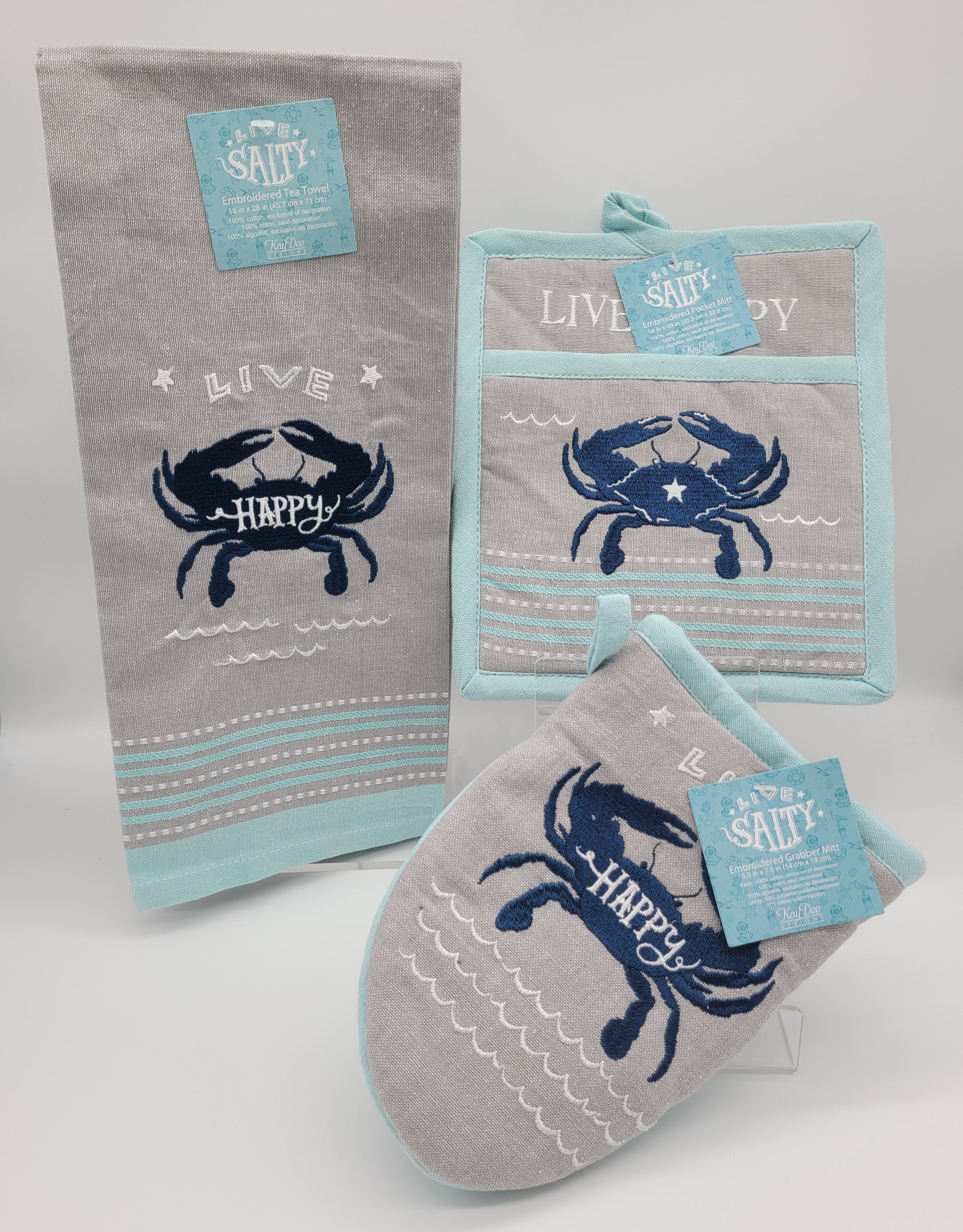 NAUTICAL LIVE HAPPY CRAB EMBROIDERED COTTON OVEN POCKET MITT