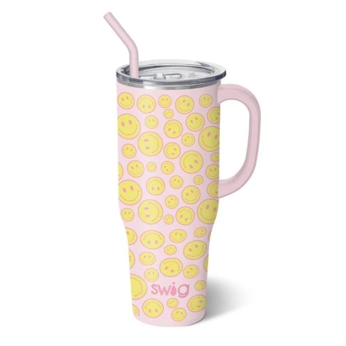 Have a cup of pick-me-up with this quirky collection of yellow smileys on a pale pink background.